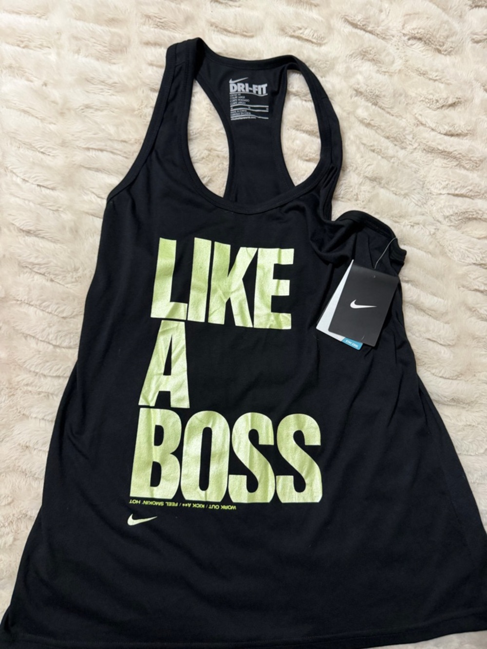 NWT Nike Black Racerback Tank with Neon Green 'LIKE A BOSS' Print
